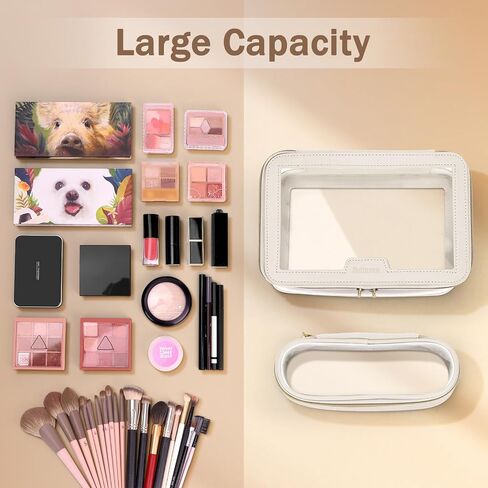 Travel Clear Makeup Bag with Makeup Brush Bag, Leather Make up Case Toiletry Bag, Portable Cosmetic Bag Case, Transparent Waterproof Cosmetic Organizer Storage Bag for Women, Off-White in Kuwait