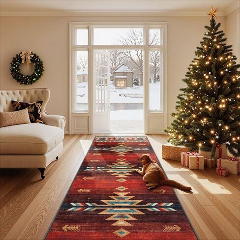 سجادة LIVEBOX غربية قابلة للغسل مقاس 8 × 10 - سجادة غرفة المعيشة من الأزتيك لعيد الميلاد، سجاد أحمر رقيق لغرفة النوم، سجادة مزرعة كبيرة سجادة جنوب غرب لمكتب غرفة الطعام، أحمر in Kuwait