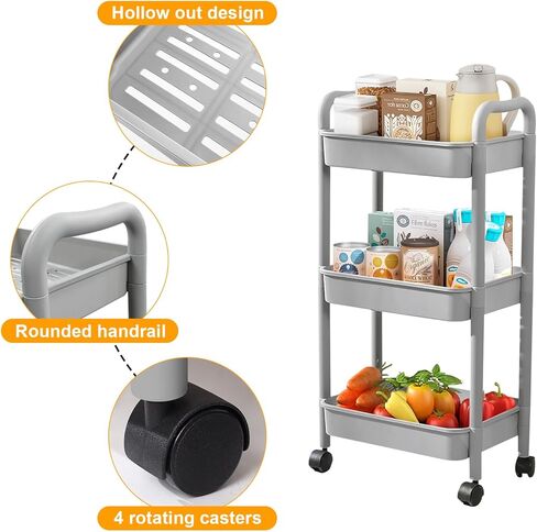 3 Tier Utility Rolling Cart with Handle, Multifunctional Storage Organizer Rolling Carts with Wheels for Bathroom Office Living Room (Green) in Kuwait