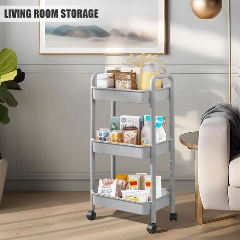 3 Tier Utility Rolling Cart with Handle, Multifunctional Storage Organizer Rolling Carts with Wheels for Bathroom Office Living Room (Green) in Kuwait