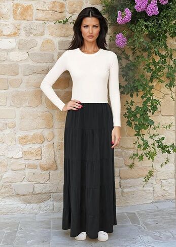 BABY O Women's Tiered Boho Gypsy Long Maxi Skirt Elastic Waist in Saudi Arabia