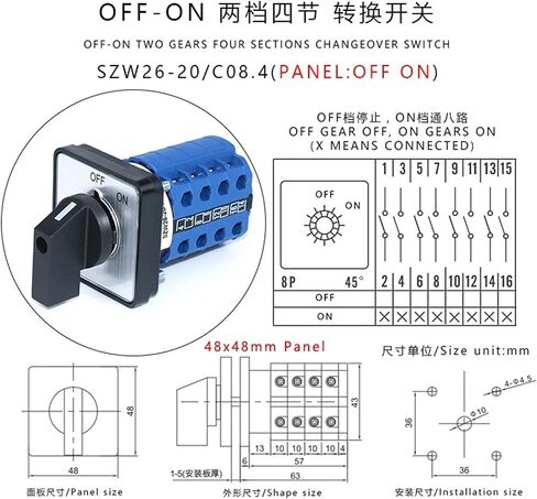 SZW26/LW26-20 20A 660V Off ON 4 Phase 16 Terminals Power Knob Rotary Cam Universal Switch 64X64 Mm 48X48 Mm Panel Mount(C08.4 Off ON 64X64mm) in Saudi Arabia
