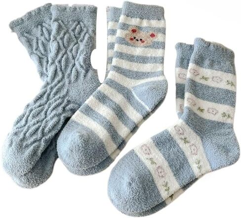 Kelabia 3 Pair Winter Bear Floral Fuzzy Socks, Thick Fluffy Thermal Sleeping Slipper Cute Socks Stocking Fall Clothes Stuff in Saudi Arabia