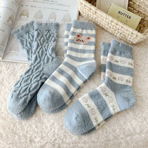 Kelabia 3 Pair Winter Bear Floral Fuzzy Socks, Thick Fluffy Thermal Sleeping Slipper Cute Socks Stocking Fall Clothes Stuff in Saudi Arabia