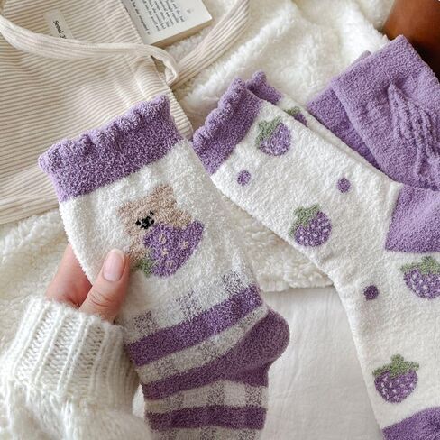 Kelabia 3 Pair Winter Bear Floral Fuzzy Socks, Thick Fluffy Thermal Sleeping Slipper Cute Socks Stocking Fall Clothes Stuff in Saudi Arabia