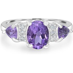 Womens Sterling Silver Oval Shape Gemstone Three Stone Ring | Birthstone Jewelry Gift for Her in Kuwait