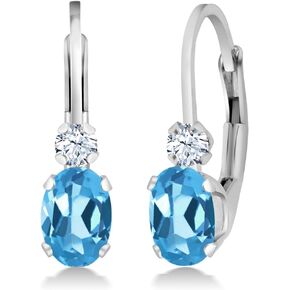 أقراط جيم ستون كينج من الفضة الإسترلينية عيار 925 من العقيق الأسود والأبيض من الياقوت الأزرق للنساء (0.86 قيراط، حجر كريم لشهر ديسمبر، بيضاوي 6 × 4 مم، دائري 2 مم، 3/4 بوصة) in Kuwait