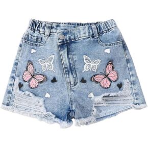 Girl's Butterfly Print Denim Shorts Y2k Distressed Elastic Waist Jeans in Saudi Arabia