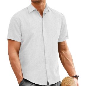 Mens Linen Shirt Classic Button Down Shirt Casual Short Sleeve Blouse Wedding Holiday Summer Tops Lightweight Tee in Saudi Arabia