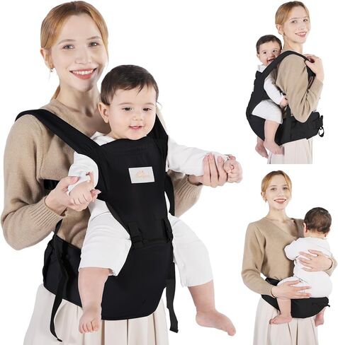 حاملة الأطفال، حاملة الأطفال 6 في 1 من حديثي الولادة إلى الأطفال الصغار، حاملة الأطفال الأمامية والخلفية مقاس واحد يناسب الجميع، قابلة للتعديل مع مقعد الورك لحديثي الولادة والرضع والأطفال الصغار، أسود in Kuwait