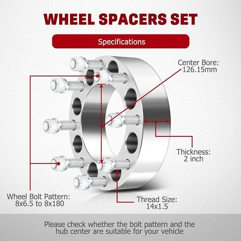 8x6.5to 8x180 Wheel Spacers for Chevrolet for Silverado 2500 HD for Avalanche 2500 Suburban 2500, for GMC for Sierra Series, 4Pcs 2inch Wheel Adapters & Spacers with 14x1.5 Studs 126.15mm Bore in Saudi Arabia