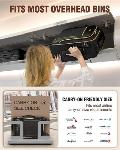 حمل على الأمتعة 22x14x9 شركة طيران معتمدة ، حقيبة Softside بحجم 20 بوصة مع 4 أجهزة كمبيوتر ، أمتعة خفيفة الوزن للنساء مع قفل TSA و 4 عجلات من الدوار ، حقائب حمل جانبية ناعمة للسفر ، الأسود in Kuwait