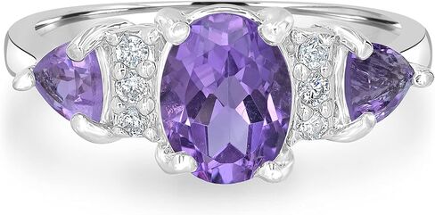 Womens Sterling Silver Oval Shape Gemstone Three Stone Ring | Birthstone Jewelry Gift for Her in Kuwait