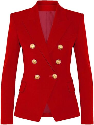 Women's Classic Solid Double Breasted Blazer Gold Button Long Sleeve Slim Fit Commuter Office Suit Coat in Saudi Arabia