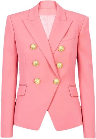 Women's Classic Solid Double Breasted Blazer Gold Button Long Sleeve Slim Fit Commuter Office Suit Coat in Saudi Arabia