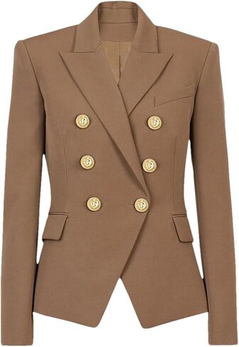 Women's Classic Solid Double Breasted Blazer Gold Button Long Sleeve Slim Fit Commuter Office Suit Coat in Saudi Arabia