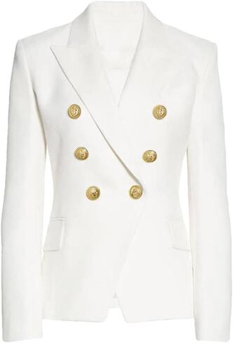 Women's Classic Solid Double Breasted Blazer Gold Button Long Sleeve Slim Fit Commuter Office Suit Coat in Saudi Arabia