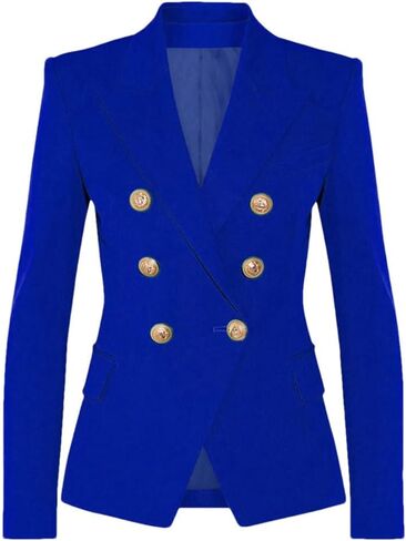 Women's Classic Solid Double Breasted Blazer Gold Button Long Sleeve Slim Fit Commuter Office Suit Coat in Saudi Arabia