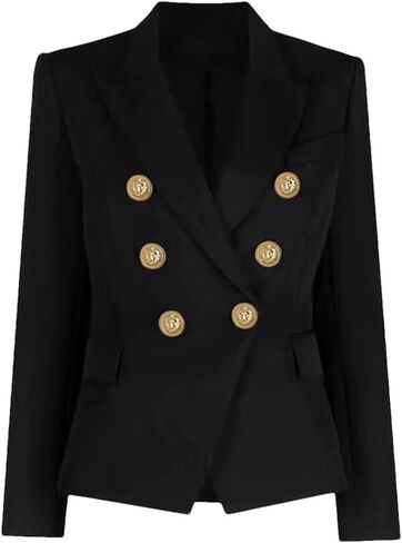 Women's Classic Solid Double Breasted Blazer Gold Button Long Sleeve Slim Fit Commuter Office Suit Coat in Saudi Arabia