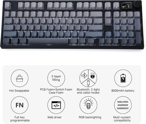 NJ98 Wireless Custom Mechanical Keyboard with Screen Knob 96% Hot Swappable RGB Keyboard Mac Windows (Dark, Brass Plate - Gateron Milky Yellow Pro) in Saudi Arabia