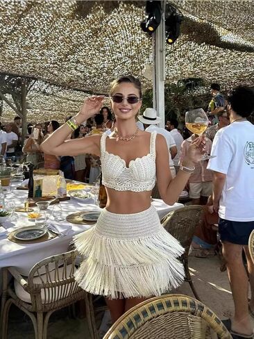 Crochet Two-Piece Set, Fringe Mini Skirt with Crop Top, Beige, Summer Beach Outfit in Saudi Arabia