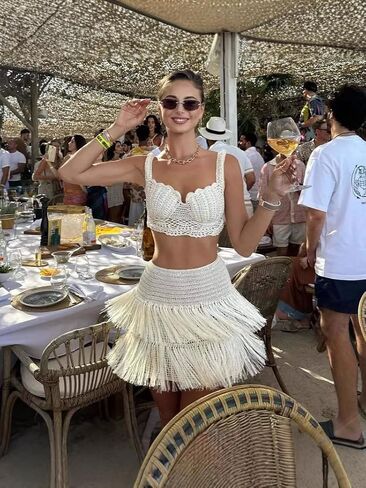 Crochet Two-Piece Set, Fringe Mini Skirt with Crop Top, Beige, Summer Beach Outfit in Saudi Arabia