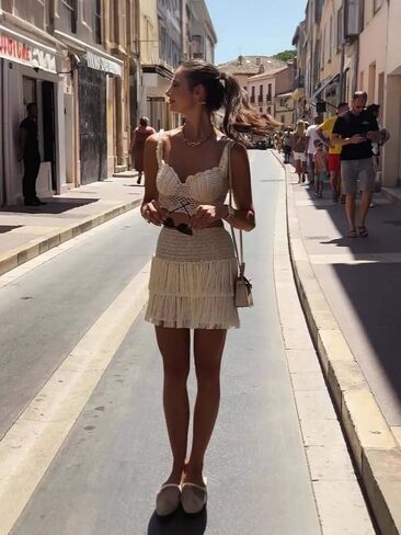 Crochet Two-Piece Set, Fringe Mini Skirt with Crop Top, Beige, Summer Beach Outfit in Saudi Arabia