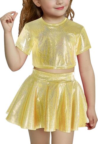 Odasdo Kids Girl Shiny Metallic Short Sleeve Top مع مجموعة تنورة مطوية مجموعة أداء مرحلة سباركلي مرحلة الرقص in Saudi Arabia