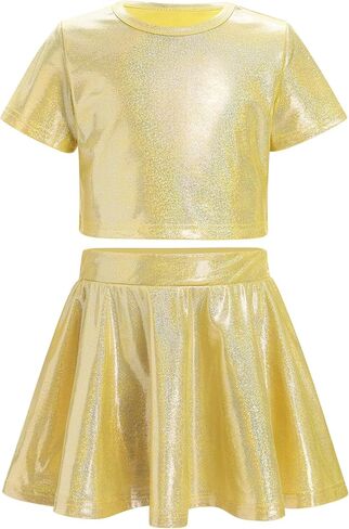 Odasdo Kids Girl Shiny Metallic Short Sleeve Top مع مجموعة تنورة مطوية مجموعة أداء مرحلة سباركلي مرحلة الرقص in Saudi Arabia