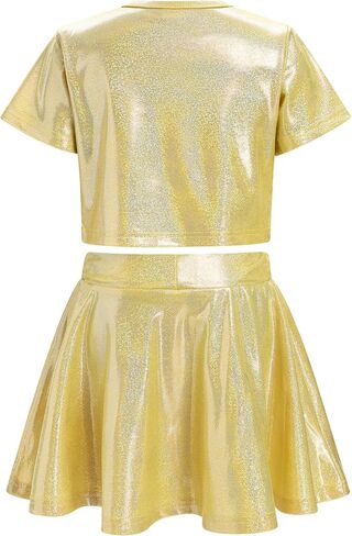 Odasdo Kids Girl Shiny Metallic Short Sleeve Top مع مجموعة تنورة مطوية مجموعة أداء مرحلة سباركلي مرحلة الرقص in Saudi Arabia
