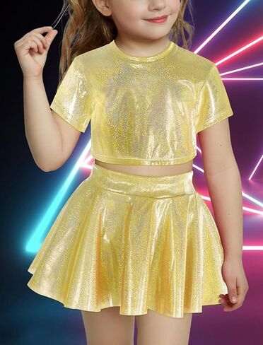 Odasdo Kids Girl Shiny Metallic Short Sleeve Top مع مجموعة تنورة مطوية مجموعة أداء مرحلة سباركلي مرحلة الرقص in Saudi Arabia