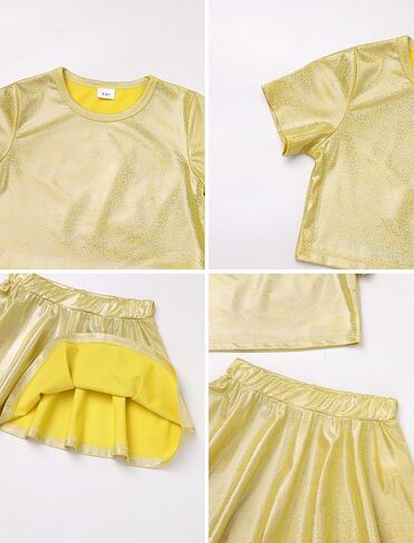 Odasdo Kids Girl Shiny Metallic Short Sleeve Top مع مجموعة تنورة مطوية مجموعة أداء مرحلة سباركلي مرحلة الرقص in Saudi Arabia