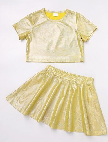 Odasdo Kids Girl Shiny Metallic Short Sleeve Top مع مجموعة تنورة مطوية مجموعة أداء مرحلة سباركلي مرحلة الرقص in Saudi Arabia