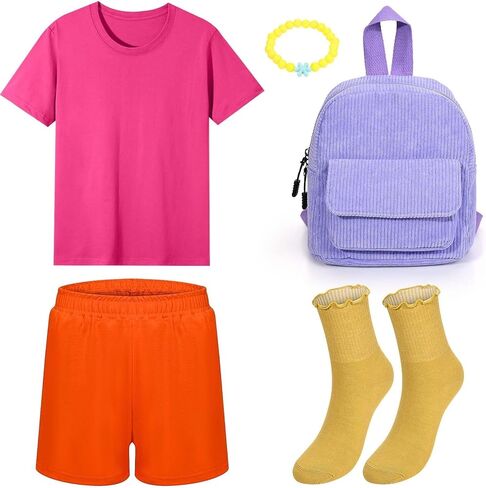Halloween Traveler Costume Set Pink T-Shirt Orange Pants Yellow Socks Backpack for Adventurer Cosplay Supplies in Kuwait