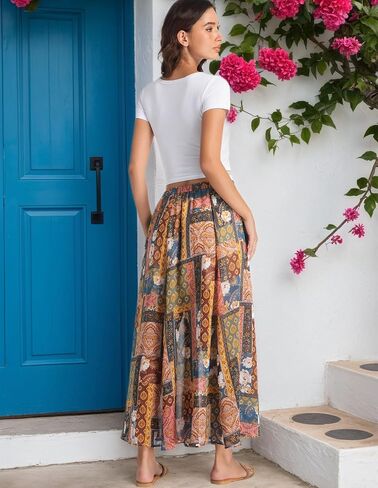 Women's Floral Maxi Skirt Mid Waist Boho Flowy Summer Long Skirt for Holiday in Kuwait