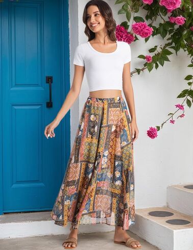 Women's Floral Maxi Skirt Mid Waist Boho Flowy Summer Long Skirt for Holiday in Kuwait