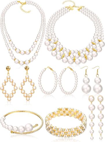 BBTO 8 Pcs Pearl Necklace and Earrings Set for Women Pearl Jewelry Set Faux Pearl Necklace Earrings Simulated Pearl Bracelets(Exquisite Style) in Saudi Arabia