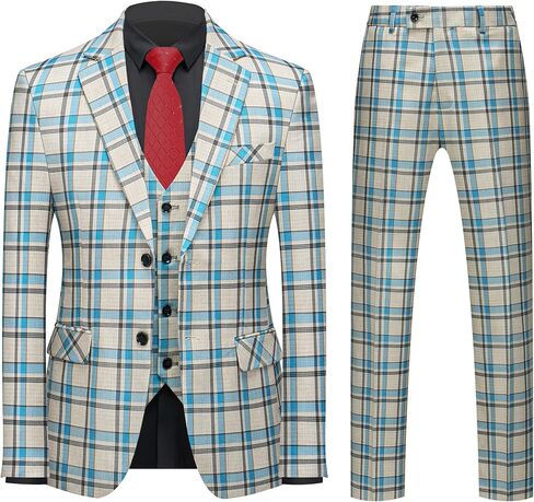 MOGU Mens 3-Piece Slim Fit Plaid Suit - Blazer, Vest, and Pants Set for Wedding Prom Casual in Saudi Arabia