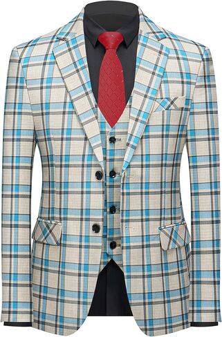 MOGU Mens 3-Piece Slim Fit Plaid Suit - Blazer, Vest, and Pants Set for Wedding Prom Casual in Saudi Arabia