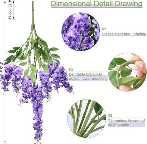 Fake Flowers Indoor Plants, 2Pcs White Hanging Wisteria Decoration, UV & Fading Resistant, Wedding Bouquets, Spring Decor for Kitchen Living Room Bathroom Centerpiece Table in Kuwait