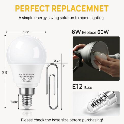 مصابيح إضاءة LED قابلة للتعتيم بقدرة 6 وات (ما يعادل 60 وات) E12، مصابيح إضاءة بمروحة سقف A15 ضوء النهار الأبيض 5000 كلفن، مصابيح LED على شكل قاعدة شمعدان G14، 600 لومن، 6 عبوات in Kuwait
