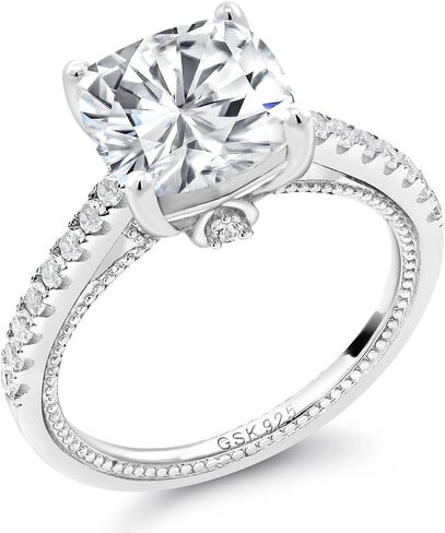 Gem Stone King 5.27 Cttw White Moissanite and White Created Sapphire Engagement Ring For Women | 925 Sterling Silver | Cushion 10MM | Available In Size 5, 6, 7, 8, 9 in Saudi Arabia
