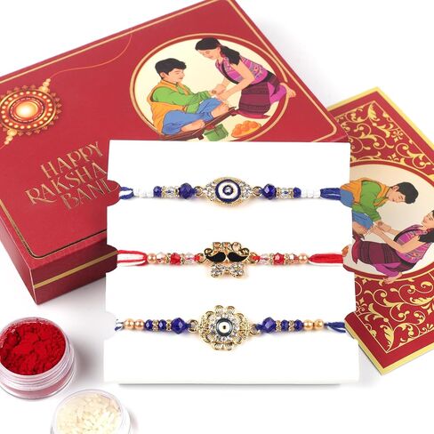 مجموعة تصميم العين الشريرة من 3 Rakhi للأخ Rakhi Thread ، Rakhi للأخت ، Raksha Bandha هدية لأخيك ، سوار Rakhi للأخوة المحبة ، الأب ، بهابهي ، بهايا (التصميم 1) in Saudi Arabia