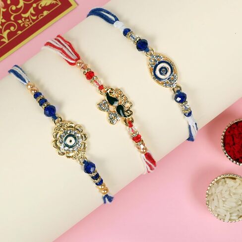 مجموعة تصميم العين الشريرة من 3 Rakhi للأخ Rakhi Thread ، Rakhi للأخت ، Raksha Bandha هدية لأخيك ، سوار Rakhi للأخوة المحبة ، الأب ، بهابهي ، بهايا (التصميم 1) in Saudi Arabia