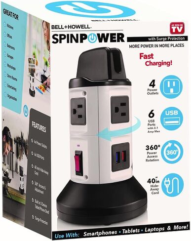 Bell+Howell Spin Power Strip Tower Surge Protector - 4 Outlets, 6 USB Ports, 40" Retractable Cord, 360° Rotation | Electric Charging Station with Built-in Phone & Tablet Holder | USB Outlet Extender in Saudi Arabia