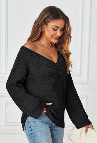 MEROKEETY Women's Long Sleeve V Neck Fuzzy Fleece Sweater Oversized Casual Cozy Knit Pullover Tops in Kuwait