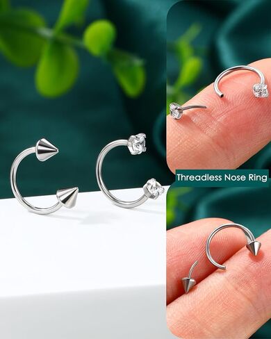 COCHARM 2PCS Horseshoe Nose Ring Hoop 20g-Push Pin Style, Threadless Nose Rings For Women Men, 316L Surgical Steel Double Clear CZ Spike Horseshoe Nose Piercing Hoop 7mm,8mm, 9mm in Saudi Arabia