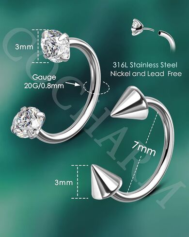 COCHARM 2PCS Horseshoe Nose Ring Hoop 20g-Push Pin Style, Threadless Nose Rings For Women Men, 316L Surgical Steel Double Clear CZ Spike Horseshoe Nose Piercing Hoop 7mm,8mm, 9mm in Saudi Arabia