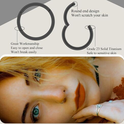 Blisi Grade 23 Titanium Tove Rings Hoops - 20G/18G/16G ، 6/7/8/9/10 مم ، حلقات نقرة مفصلية للأنف ، الشفاه ، الحلزوني ، الغضروف ، روك - أقراط نائمة السوداء ، السود/الفضة/الذهب/الوردي in Kuwait