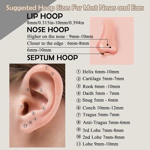 Blisi Grade 23 Titanium Tove Rings Hoops - 20G/18G/16G ، 6/7/8/9/10 مم ، حلقات نقرة مفصلية للأنف ، الشفاه ، الحلزوني ، الغضروف ، روك - أقراط نائمة السوداء ، السود/الفضة/الذهب/الوردي in Kuwait